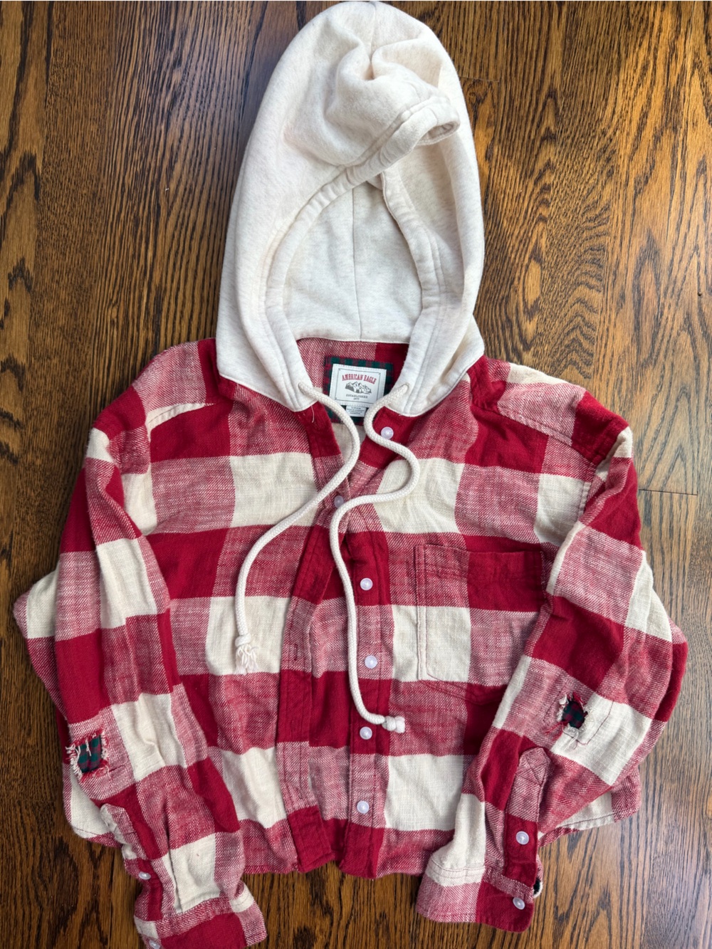 American Eagle Vintage Red & Cream Plaid Cotton Hooded Flannel Jacket
